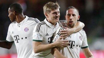 Bayern Munich's Franck Ribery celebrates his goal against Guangzhou Evergrande with his team mate Toni Kroos during their FIFA Club World Cup soccer match in Agadir